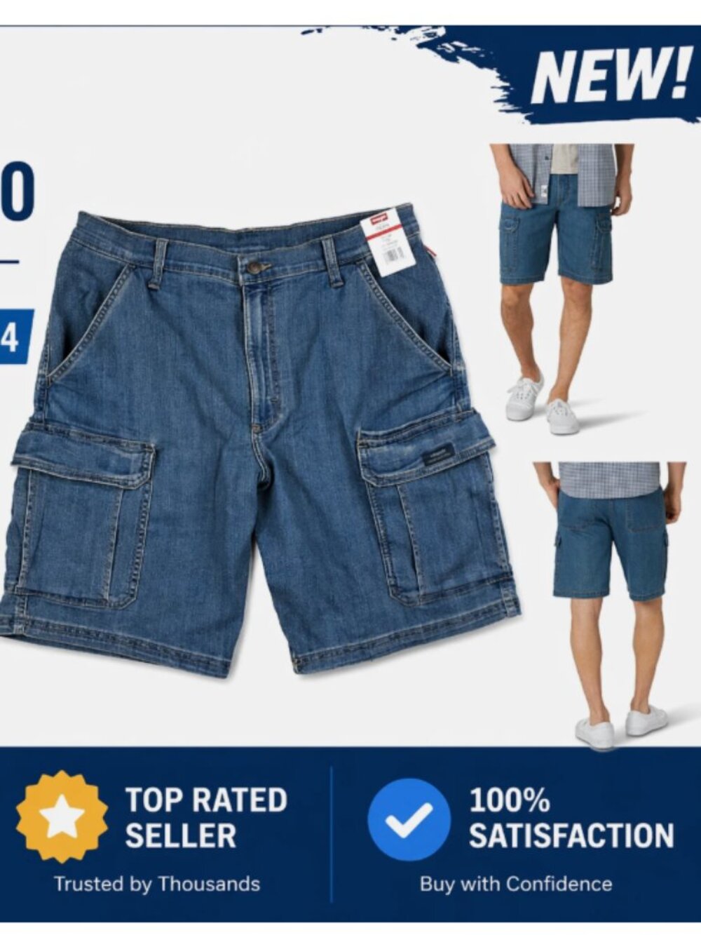 Wrangler Size W36 Denim Cargo Men's Shorts Medium Wash Tech Pocket New
